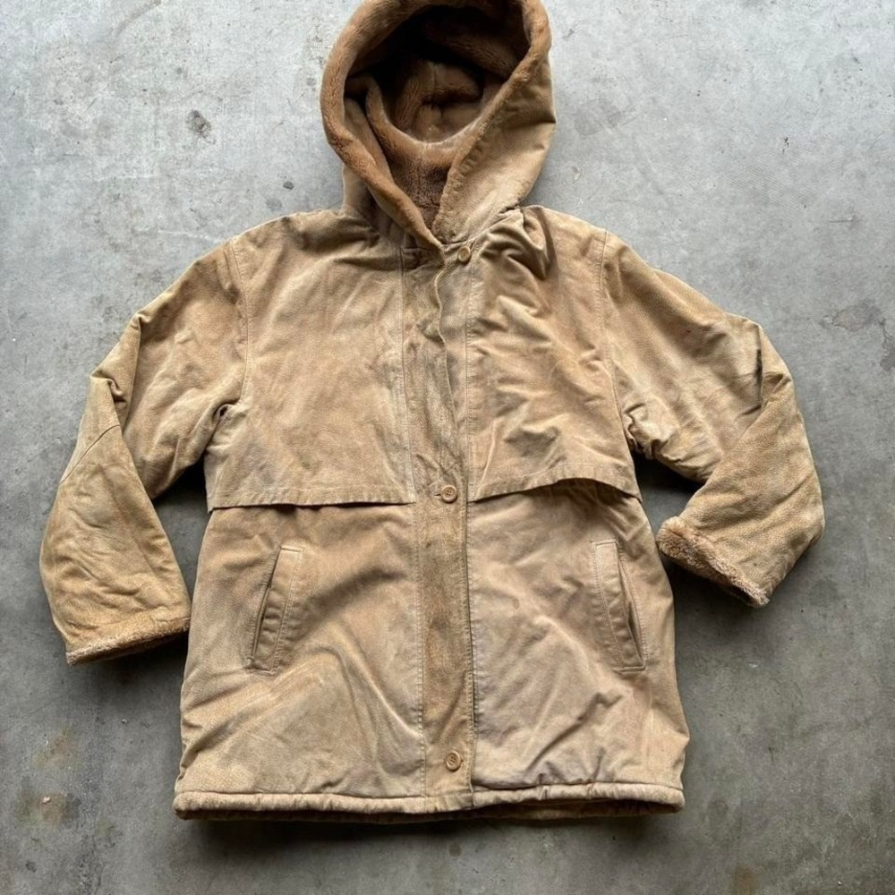Vintage, 70's fur lined‎ hooded leather jacket with incredible design